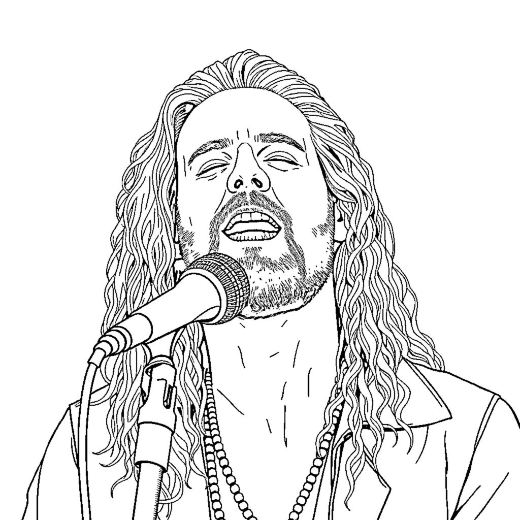 Black-and-white line drawing of a singing man at microphone