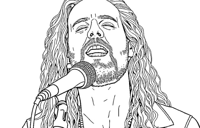 Black-and-white line drawing of a singing man at microphone