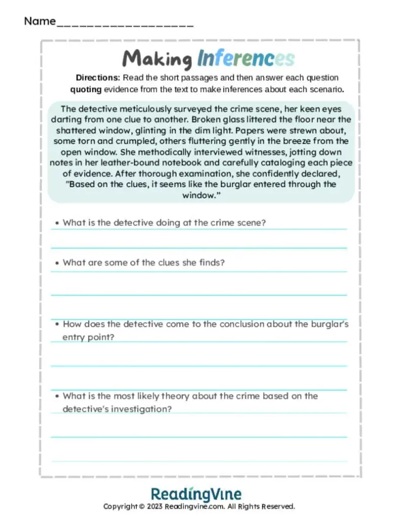 Making Inferences worksheet with detective crime scene passage