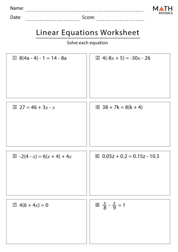 Linear equations worksheet with eight problems, Math Monks logo