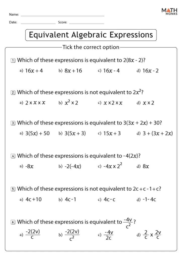 Math worksheet titled Equivalent Algebraic Expressions with multiple-choice questions