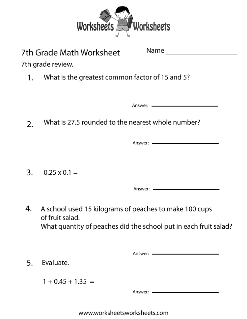 7th grade math worksheet with five questions and answer lines