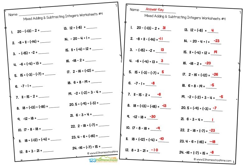 Two integer worksheets side by side, one with answer key