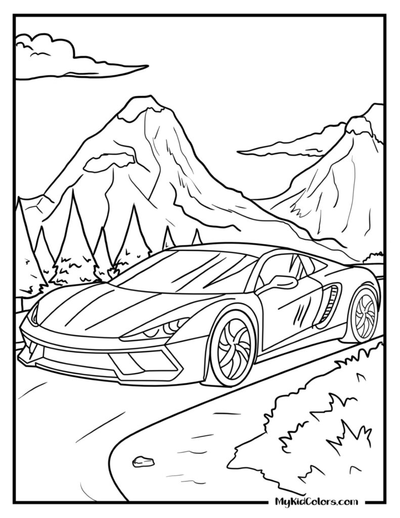 Sports car on winding mountain road, line drawing