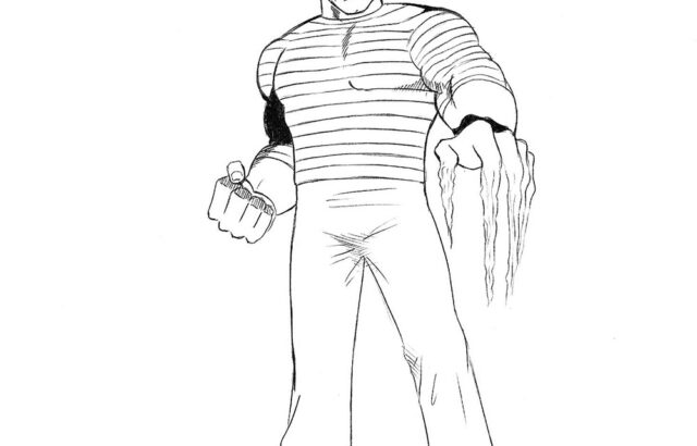 Black-and-white drawing of a muscular man standing front-facing