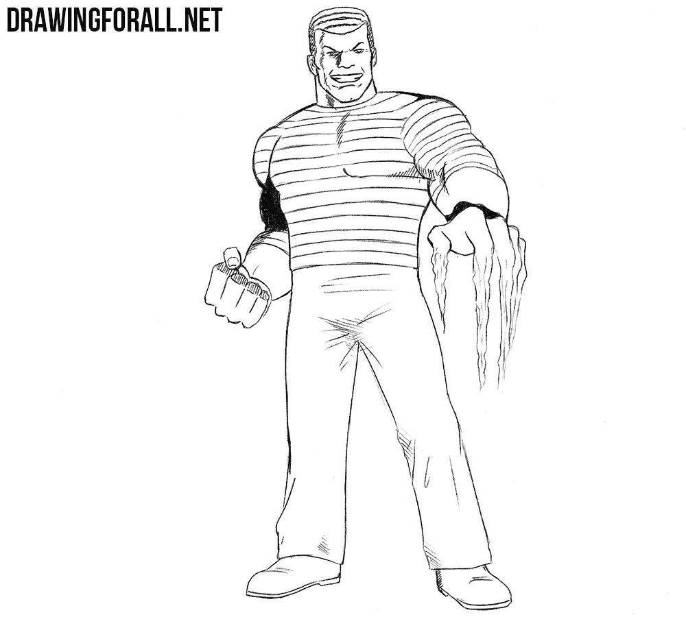 Black-and-white drawing of a muscular man standing front-facing