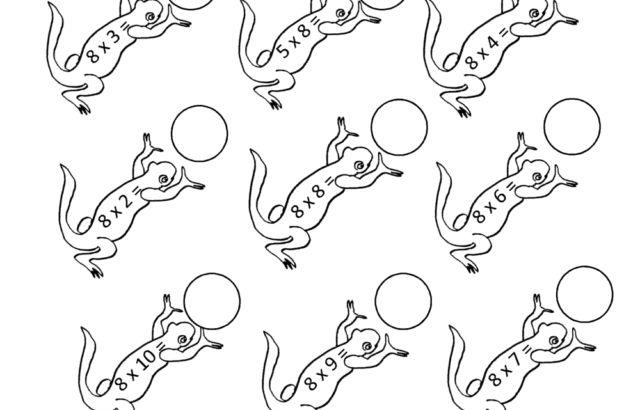 Eight times table salamander worksheet with lizards and circles