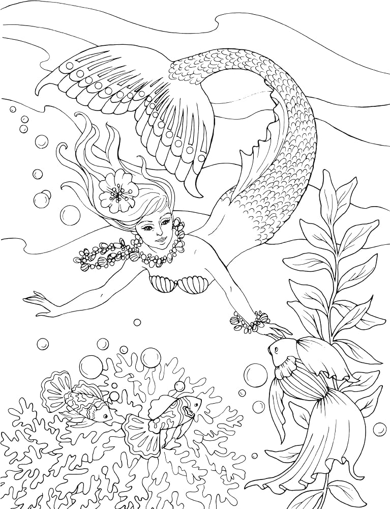 Underwater mermaid with fish, bubbles, and coral line art