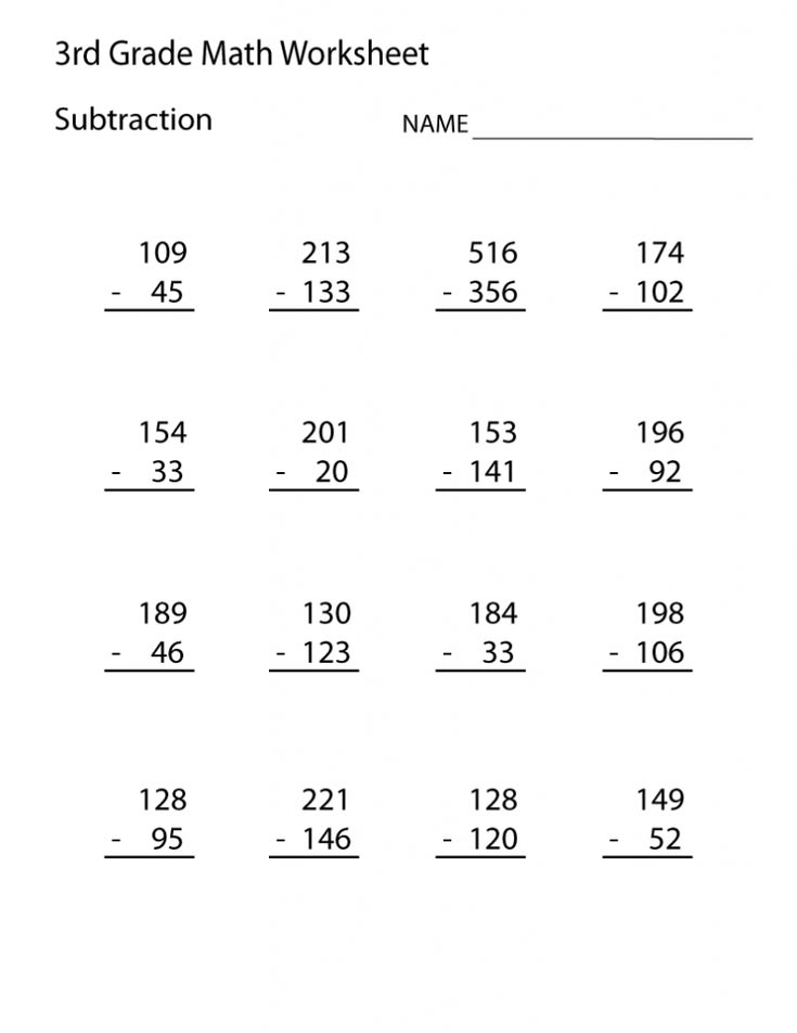 Third grade subtraction worksheet with numbers and blanks