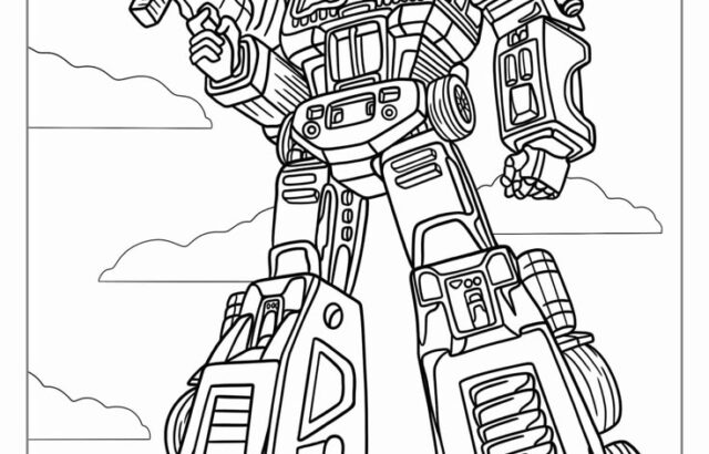 Black-and-white coloring page of a robot holding a gun