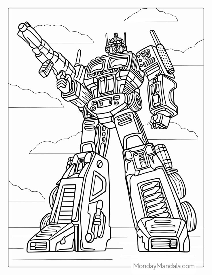 Black-and-white coloring page of a robot holding a gun