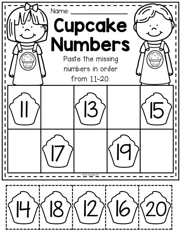 Cupcake numbers worksheet with children and numbered cupcakes