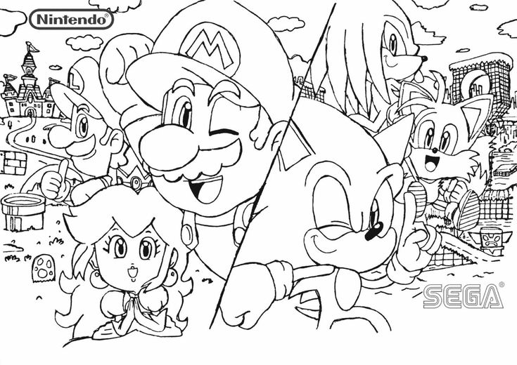 Mario and Sonic characters in a split coloring page