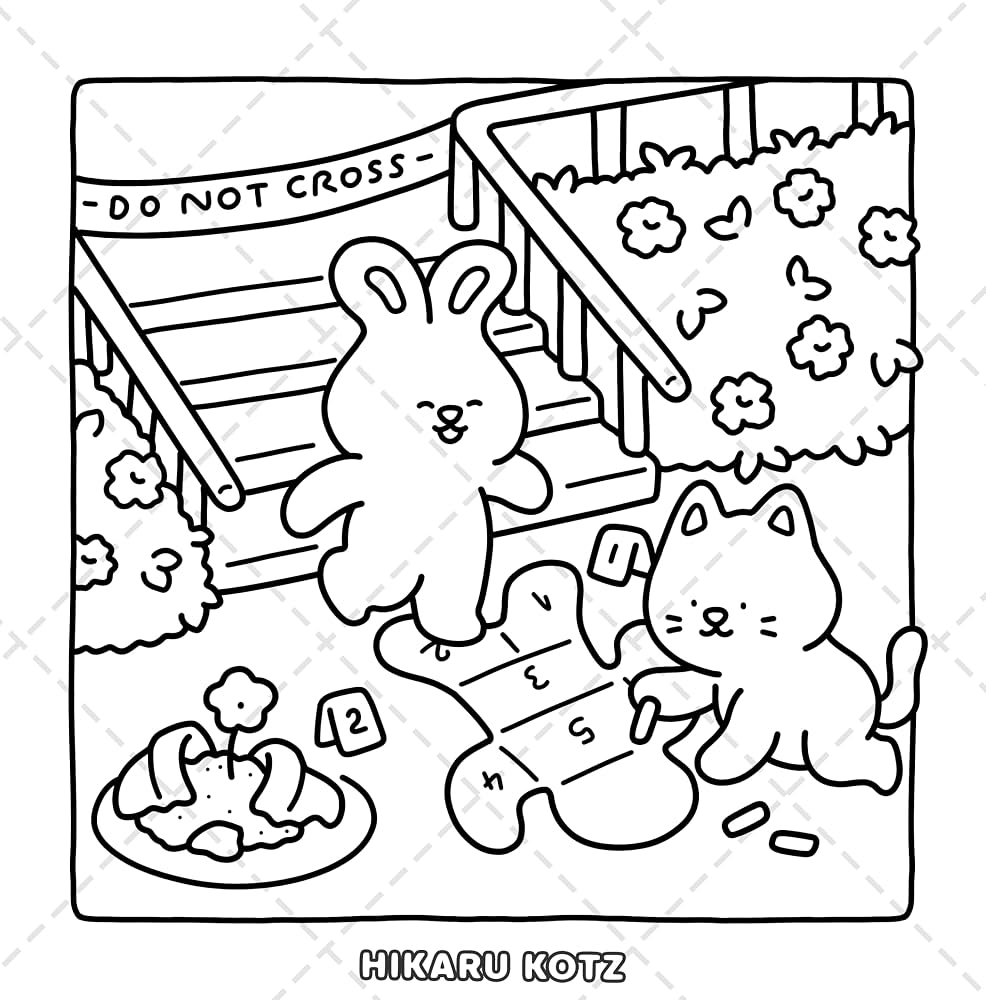Cartoon bunny and cat in flower garden with stairs