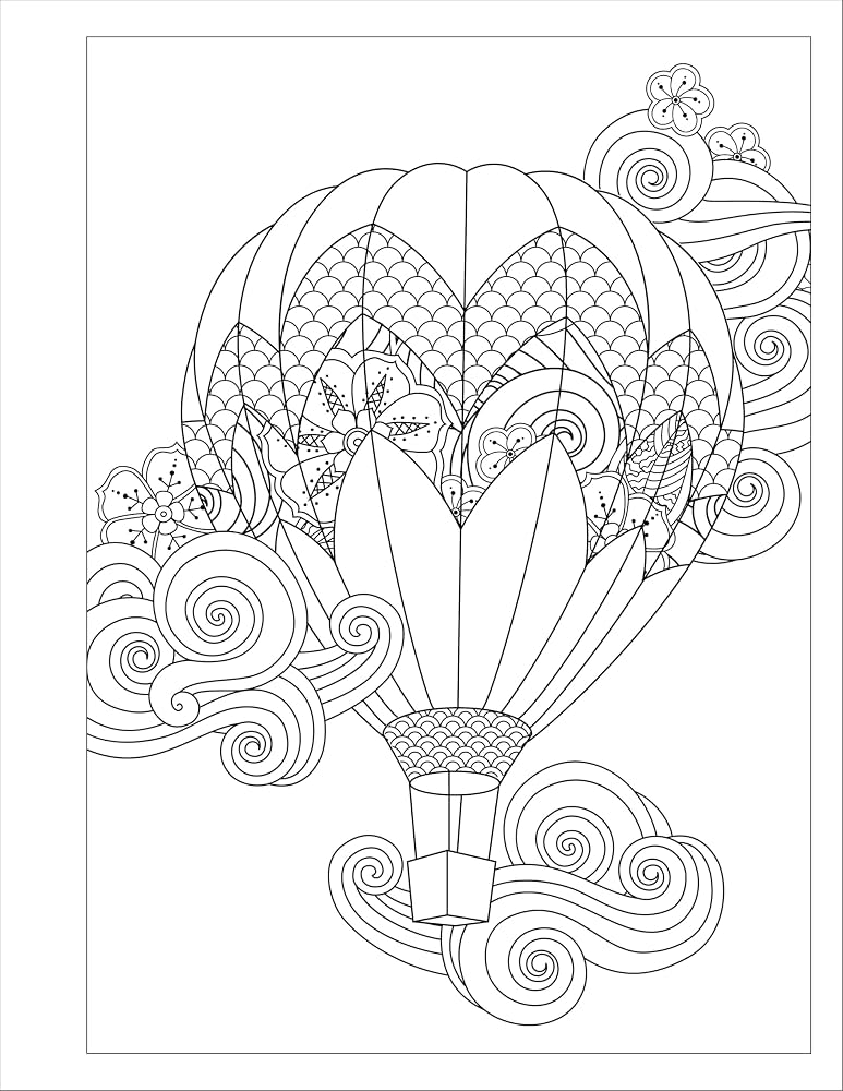 Outlined hot air balloon with swirling floral patterns