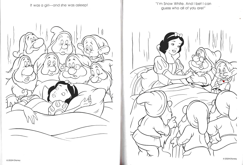 Open coloring book pages with Snow White and dwarfs
