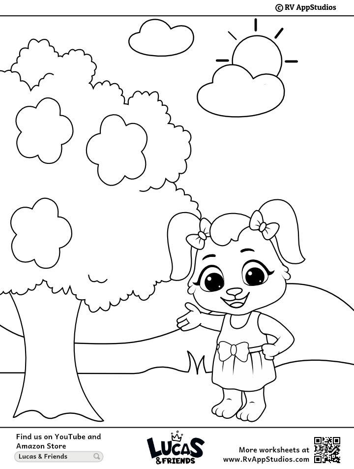 Coloring page with girl, tree, clouds, and sun