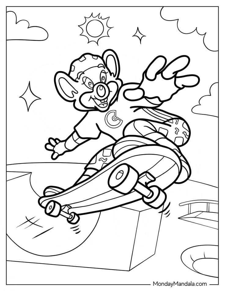 Cartoon mouse riding a skateboard in a skatepark