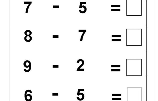 Six subtraction problems: 9-4, 7-5, 8-7, 9-2, 6-5, 8-1 with blank boxes.