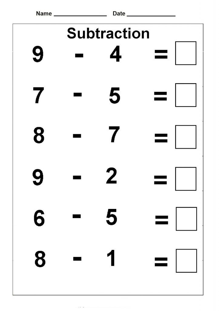 Six subtraction problems: 9-4, 7-5, 8-7, 9-2, 6-5, 8-1 with blank boxes.