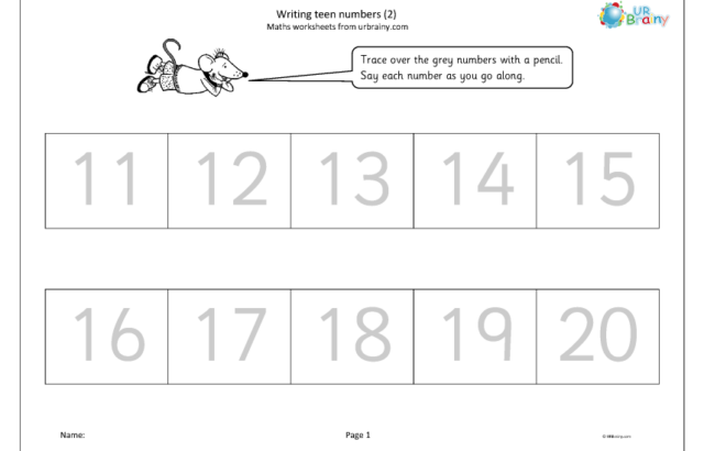 Teen numbers tracing worksheet with numbers 11 to 20