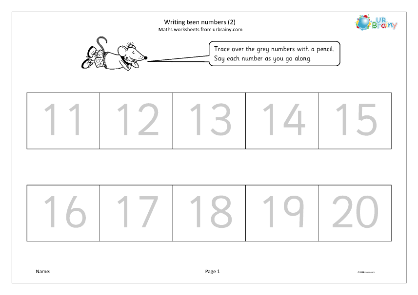 Teen numbers tracing worksheet with numbers 11 to 20