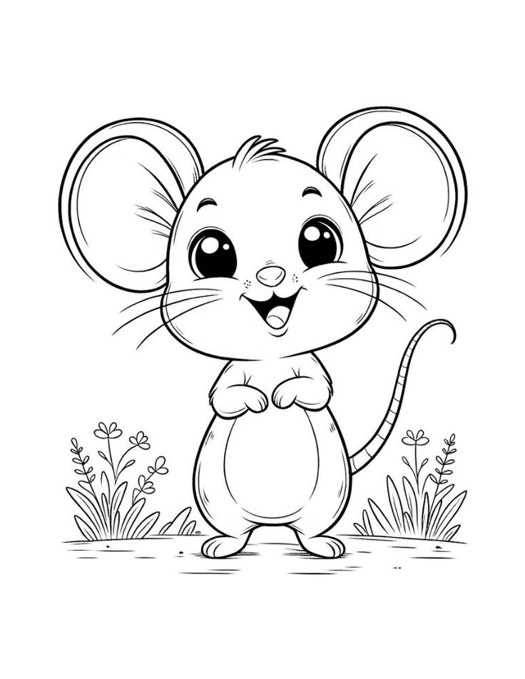 Cute cartoon mouse standing in grass with flowers