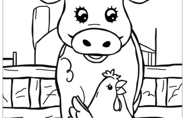 Cartoon cow standing behind a chicken by a fence