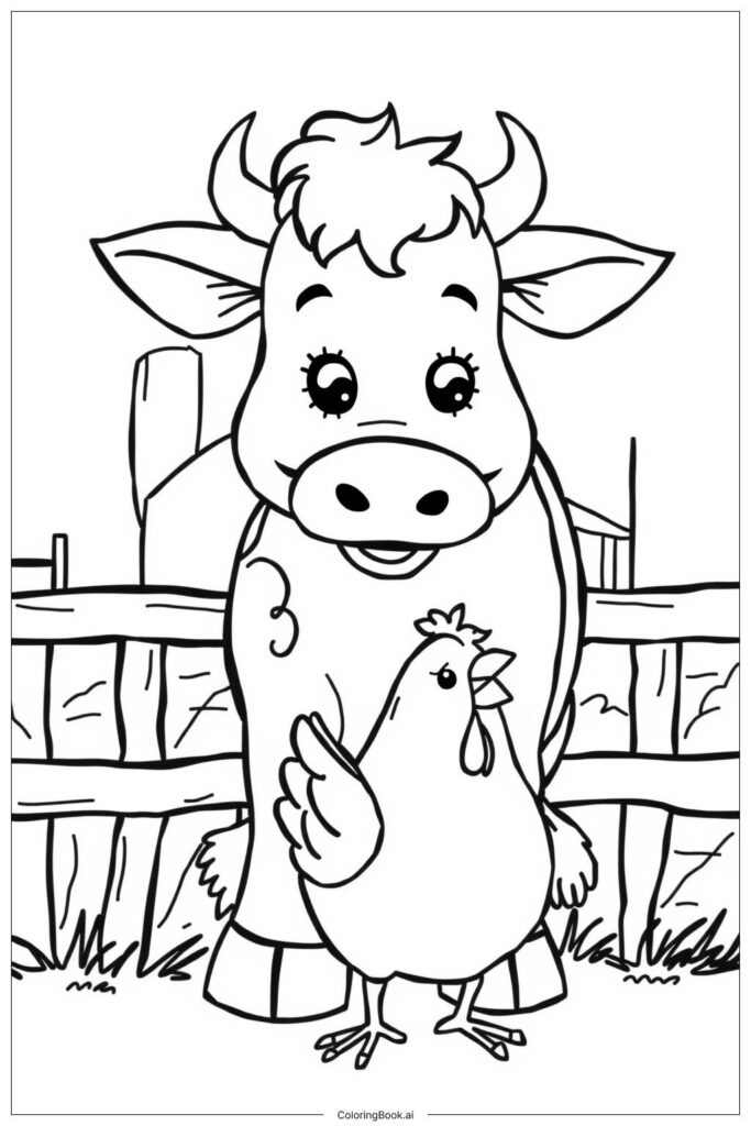 Cartoon cow standing behind a chicken by a fence