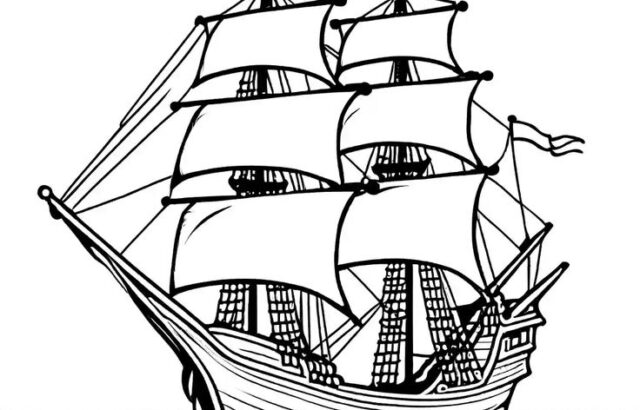 Black-and-white sailing ship on wavy water.
