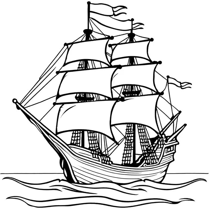 Black-and-white sailing ship on wavy water.