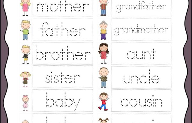 Family writing worksheet with traced family member words