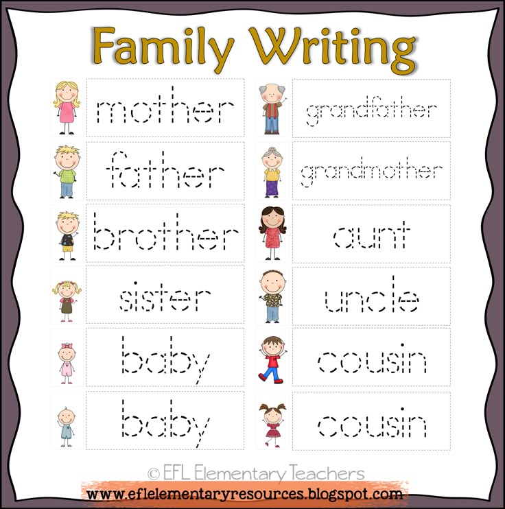 Family writing worksheet with traced family member words