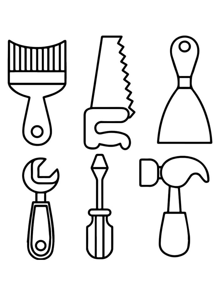 Six outlined hand tools on a white background
