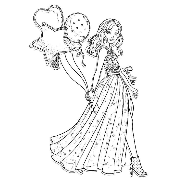 Black-and-white drawing of smiling woman holding balloons