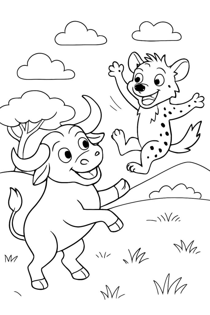 Cartoon buffalo and spotted animal playing outdoors
