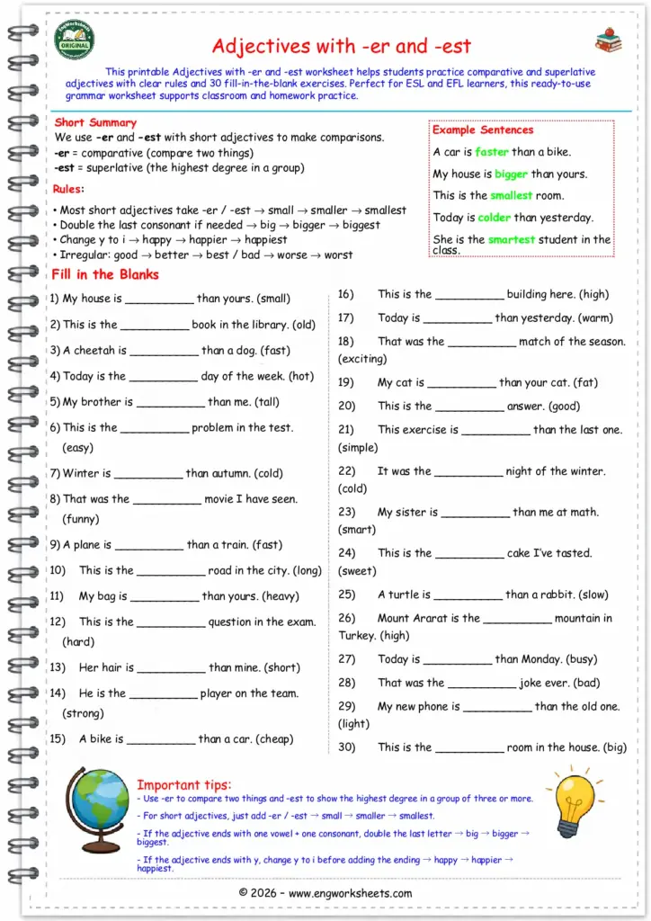 English worksheet titled adjectives with -er and -est