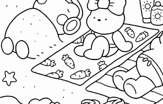 Cartoon animals on beach towels with sunglasses and snacks