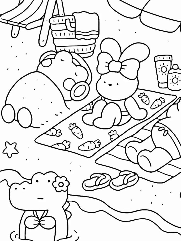 Cartoon animals on beach towels with sunglasses and snacks