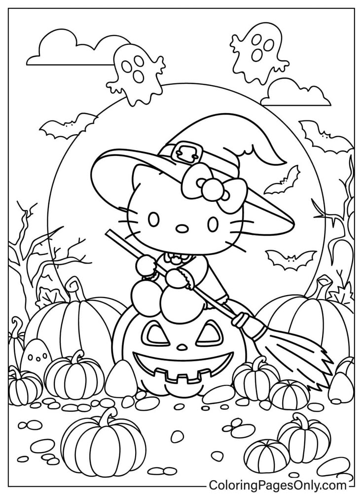 Hello Kitty wearing witch hat sits on carved pumpkin with broom