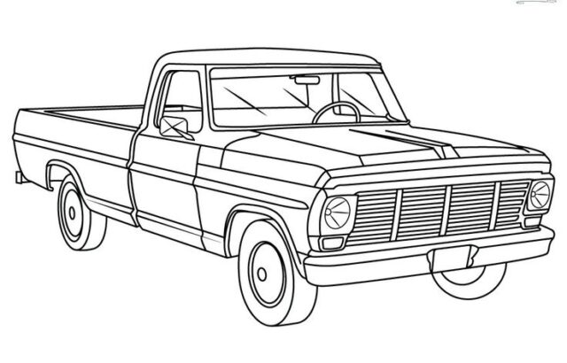 Black-and-white line drawing of a pickup truck