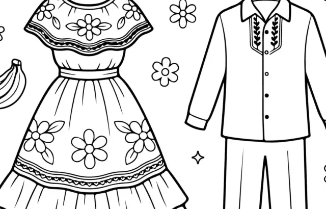 Black-and-white coloring page of embroidered clothes and flowers