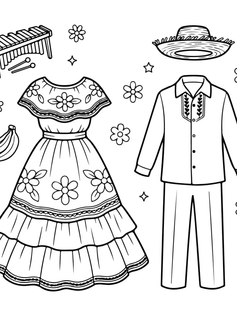 Black-and-white coloring page of embroidered clothes and flowers