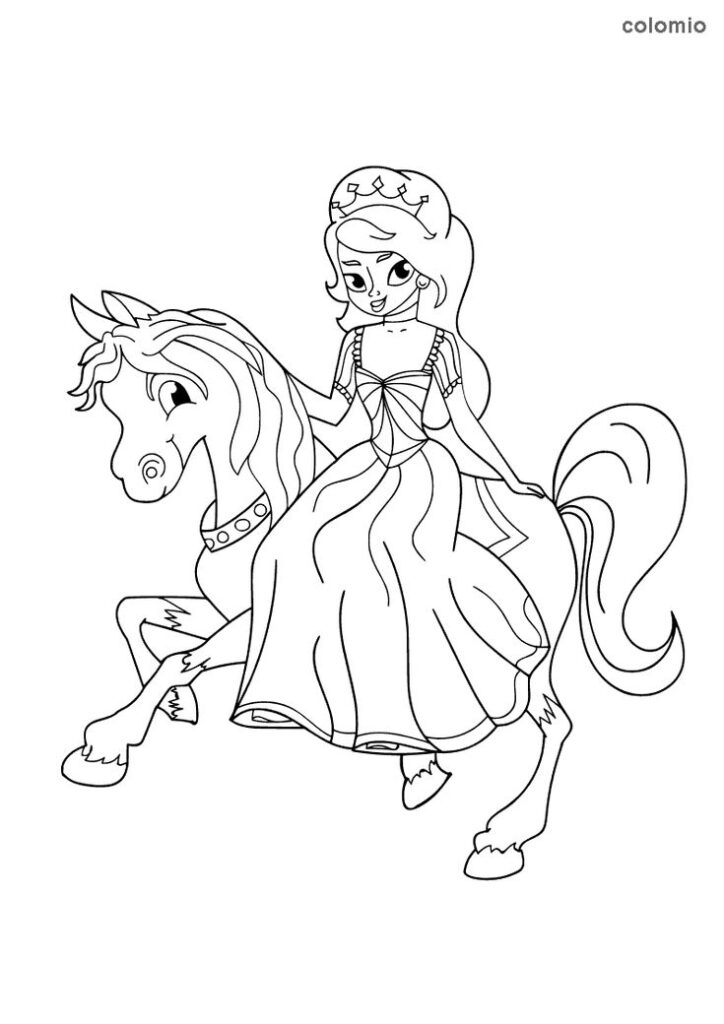 Line drawing of princess riding a unicorn horse