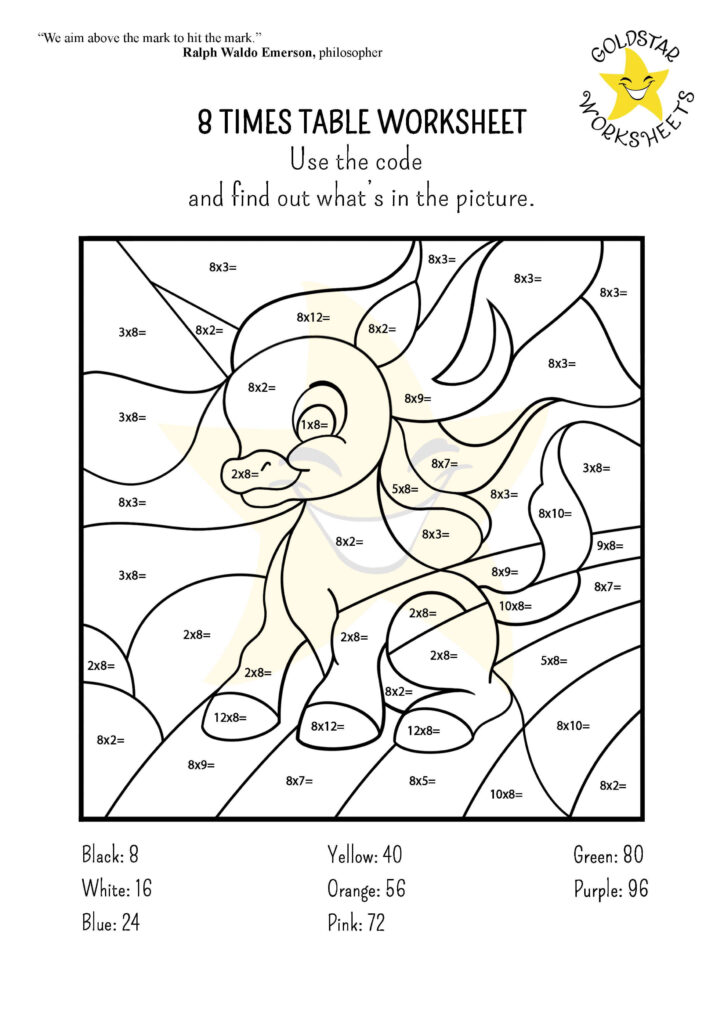 Eight times table worksheet with cartoon deer coloring puzzle