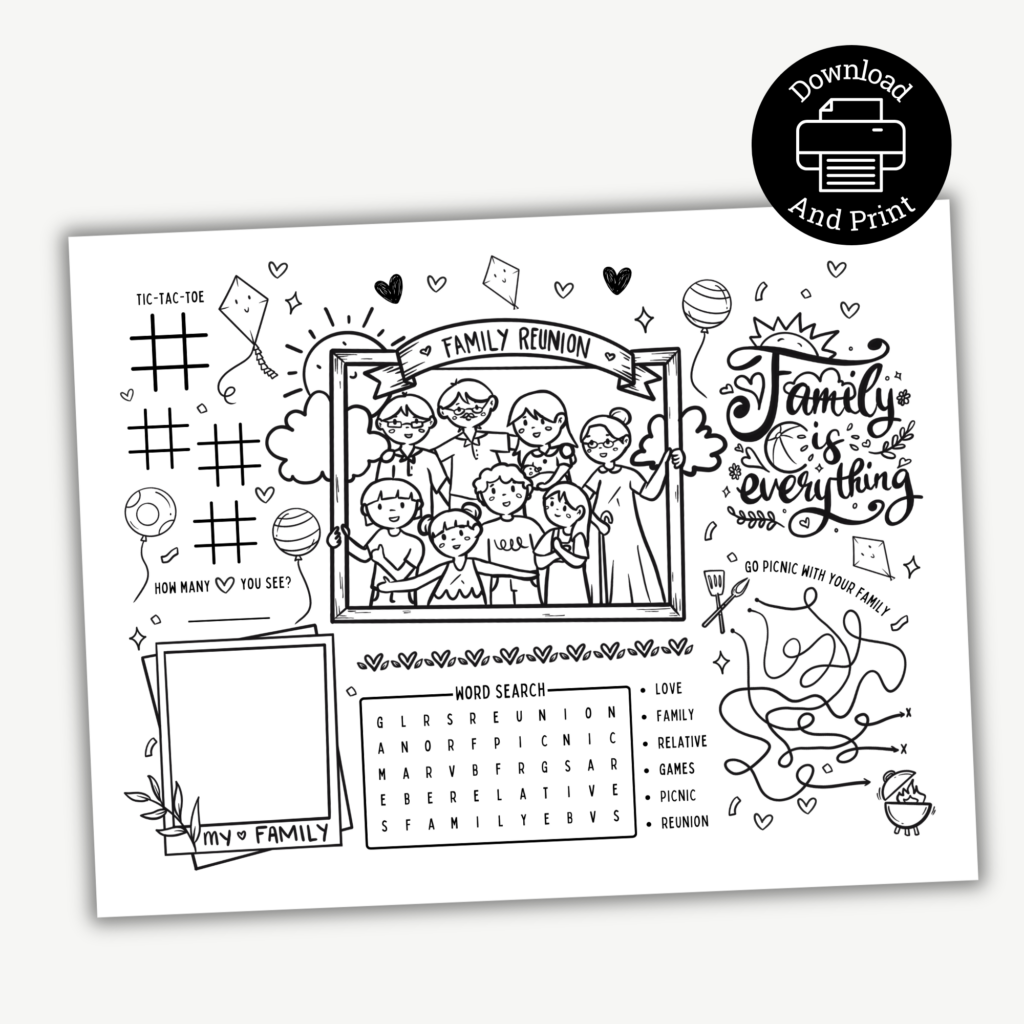 Black-and-white family reunion activity coloring page
