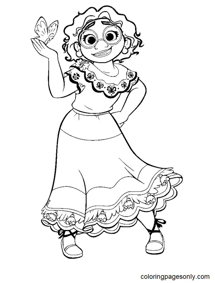 Cartoon girl holding butterfly, standing in dress, coloring page