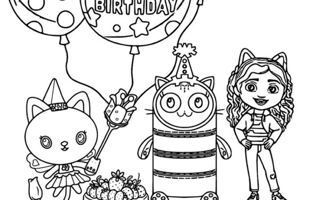 Birthday coloring page with balloons, cake, and cartoon characters