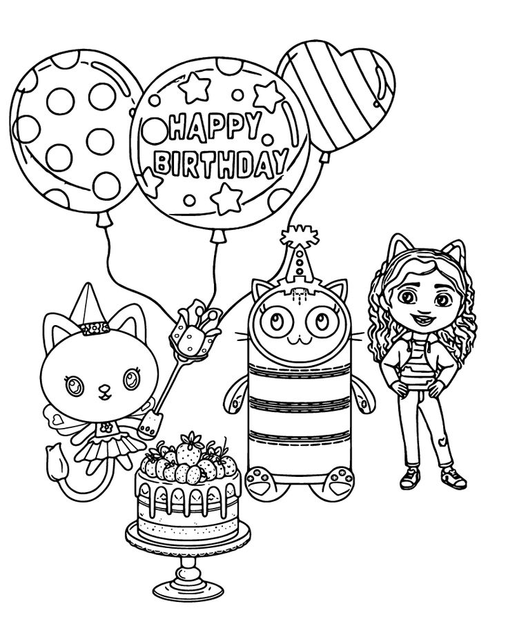 Birthday coloring page with balloons, cake, and cartoon characters