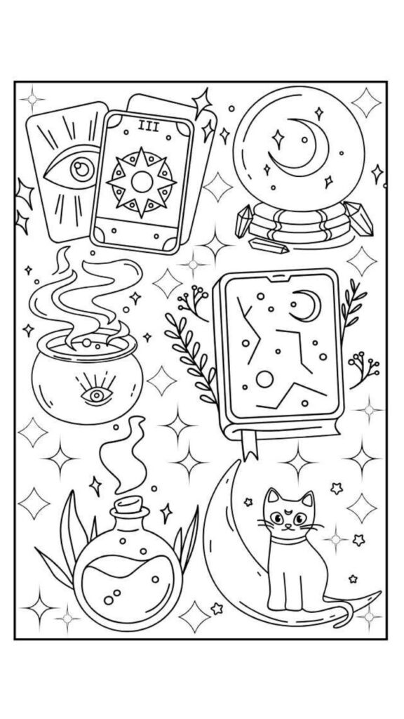 Black-and-white mystical coloring page with cards, crystals, cat, moon